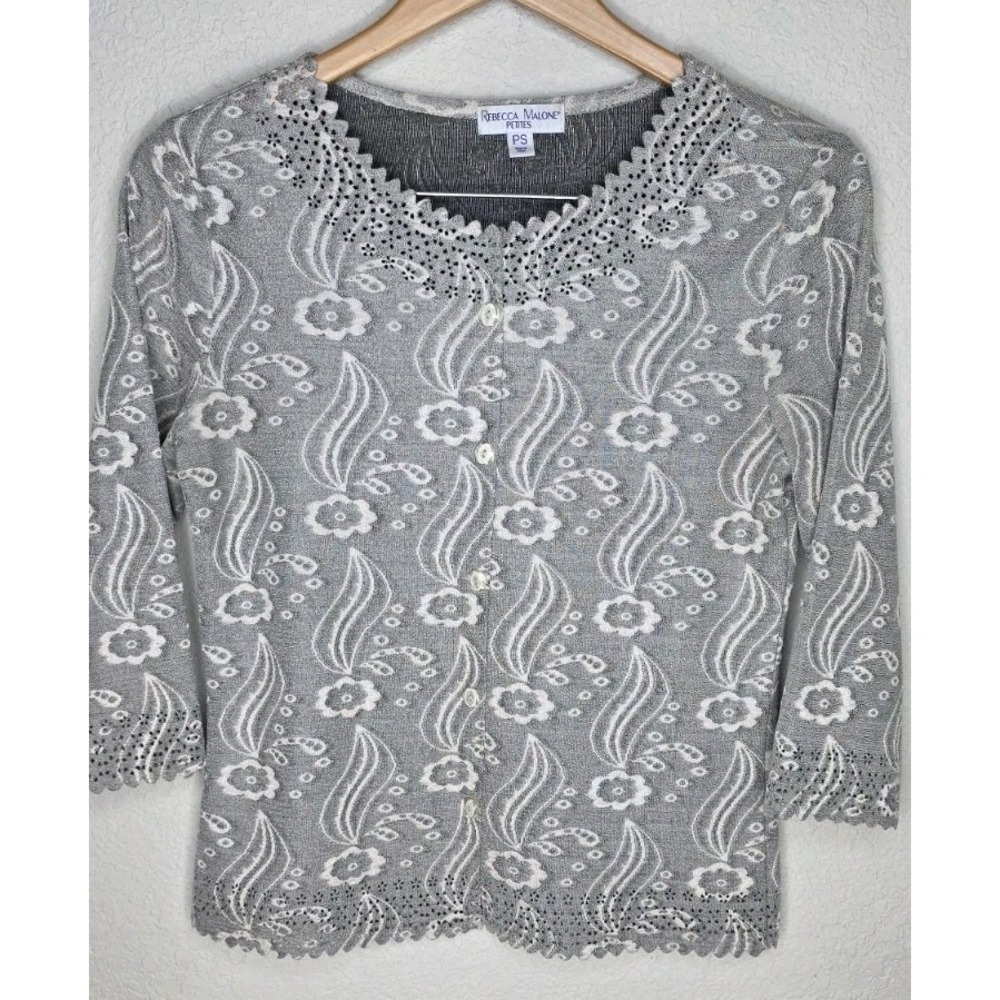 Rebecca Malone Cardigan Women S Petite Gray Floral Detail Trim Button Cottage